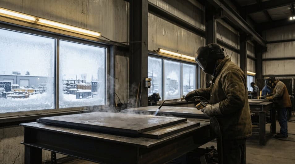 Welder doing his work in the winter, he has to adapt to working in the winter.